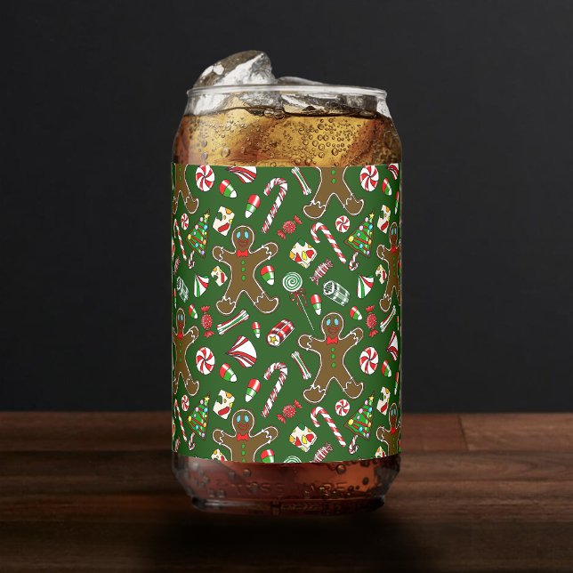 Playful Green Festive Gingerbread Candy Pattern Can Glass (Creator Uploaded)