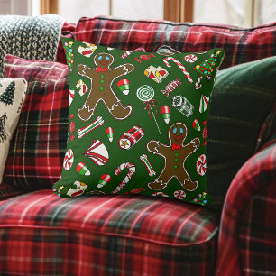 Playful Green Festive Gingerbread Candy Pattern Cushion