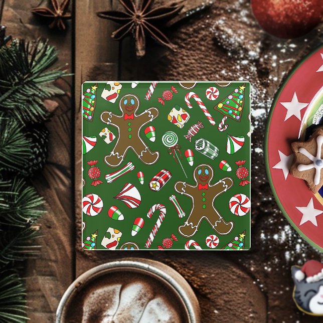 Playful Green Festive Gingerbread Candy Pattern Glass Coaster (Creator Uploaded)