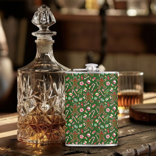 Playful Green Festive Gingerbread Candy Pattern Hip Flask