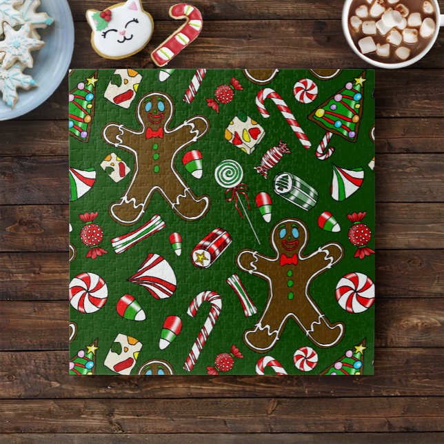 Playful Green Festive Gingerbread Candy Pattern Jigsaw Puzzle (Creator Uploaded)