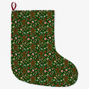 Playful Green Festive Gingerbread Candy Pattern Large Christmas Stocking