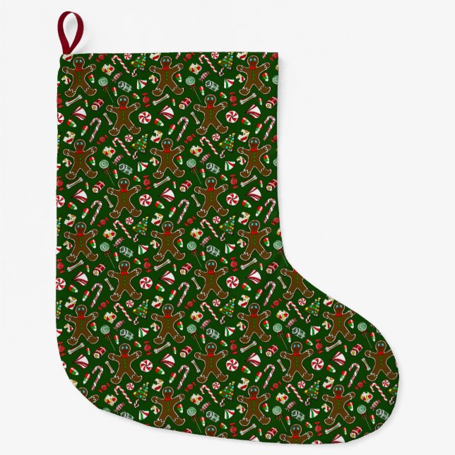 Playful Green Festive Gingerbread Candy Pattern Large Christmas Stocking (Front)