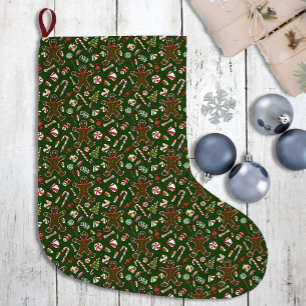 Playful Green Festive Gingerbread Candy Pattern Large Christmas Stocking