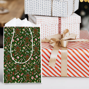 Playful Green Festive Gingerbread Candy Pattern Medium Gift Bag