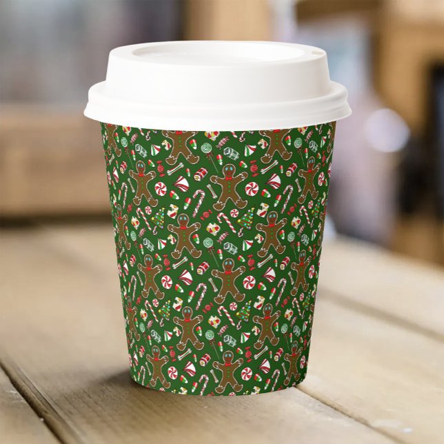 Playful Green Festive Gingerbread Candy Pattern Paper Cups (Creator Uploaded)