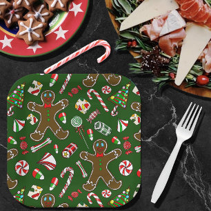 Playful Green Festive Gingerbread Candy Pattern Paper Plate