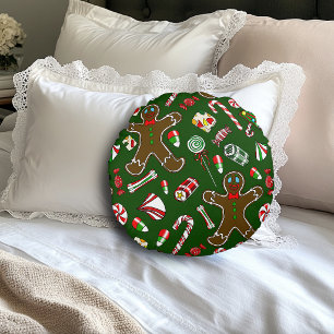 Playful Green Festive Gingerbread Candy Pattern Round Cushion