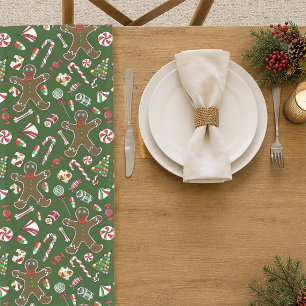 Playful Green Festive Gingerbread Candy Pattern Short Table Runner
