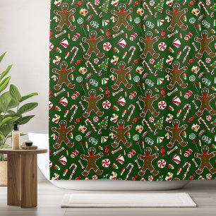 Playful Green Festive Gingerbread Candy Pattern Shower Curtain