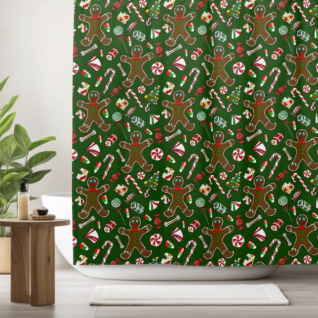 Playful Green Festive Gingerbread Candy Pattern Shower Curtain (Creator Uploaded)