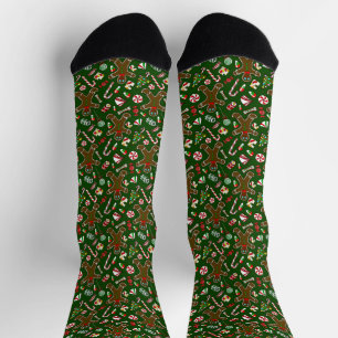 Playful Green Festive Gingerbread Candy Pattern Socks