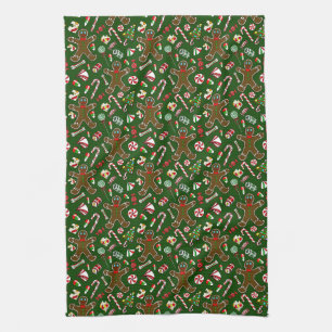 Playful Green Festive Gingerbread Candy Pattern Tea Towel