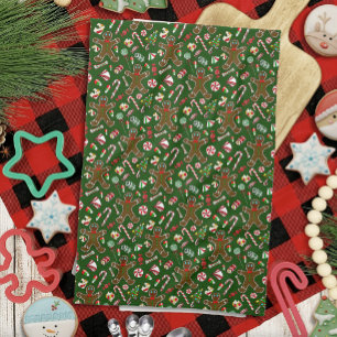 Playful Green Festive Gingerbread Candy Pattern Tea Towel