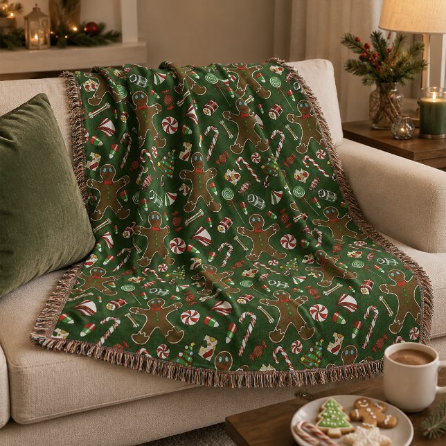 Playful Green Festive Gingerbread Candy Pattern Throw Blanket (Creator Uploaded)