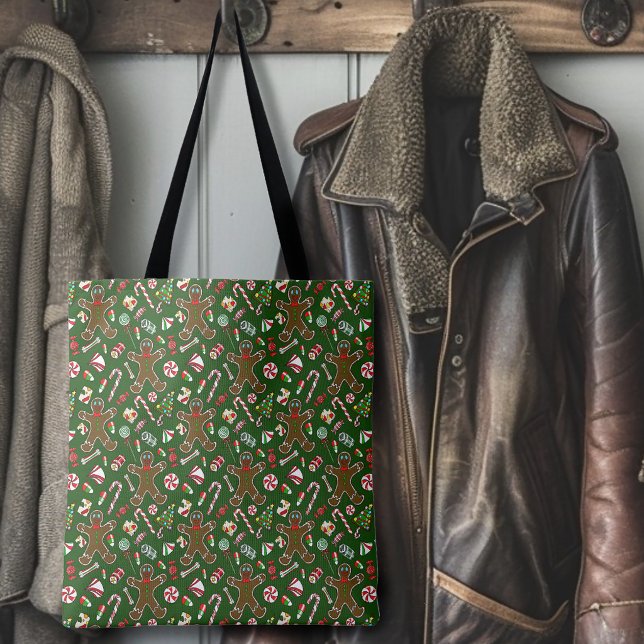 Playful Green Festive Gingerbread Candy Pattern Tote Bag (Creator Uploaded)