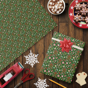 Playful Green Festive Gingerbread Candy Pattern Wrapping Paper