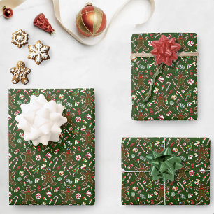 Playful Green Festive Gingerbread Candy Pattern Wrapping Paper Sheet