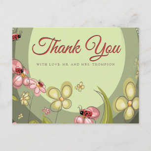 Playful Green & Lady-bird Thank You Postcard