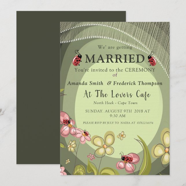 Playful Green & Lady-bird Wedding Invitation (Front/Back)