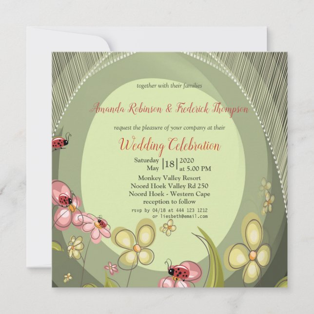 Playful Green & Lady-bird wedding Invitation (Front)
