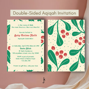 Playful Green Leaf Red Cherry Dots in Beige Aqiqah Invitation
