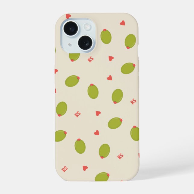 Playful Green Olives, Hearts, & Initials Pattern iPhone 15 Case (Back)