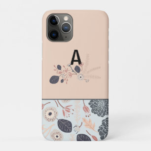 Playful Grey Blue Peach Floral Repeat Monogram iPhone 11 Pro Case