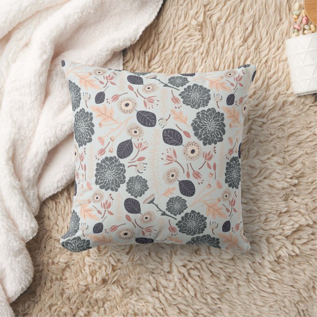 Playful Grey Blue Peach Floral Repeat Print Cushion (Blanket)