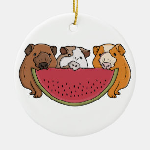 Playful Guinea Pigs and Watermelon Illustration Ceramic Tree Decoration