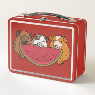 Playful Guinea Pigs and Watermelon Illustration Metal Lunch Box