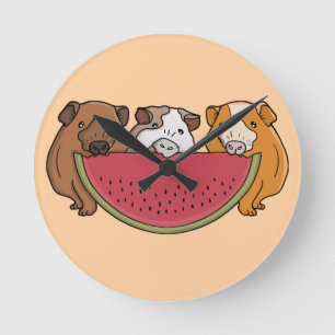 Playful Guinea Pigs and Watermelon Illustration Round Clock
