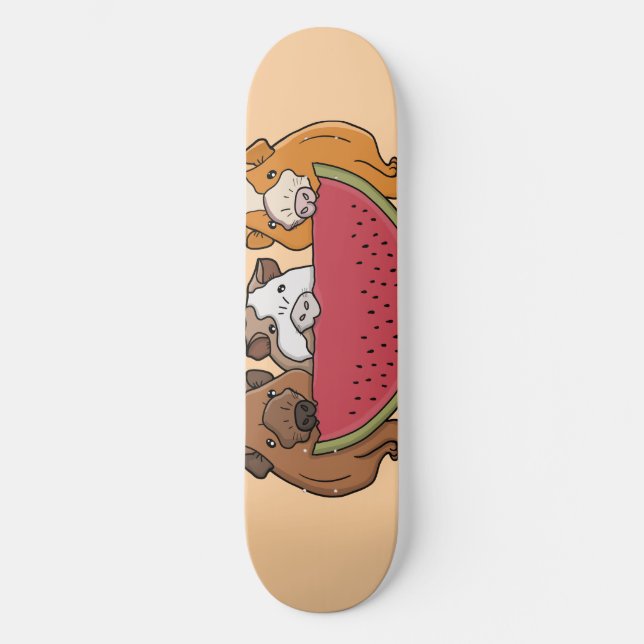 Playful Guinea Pigs and Watermelon Illustration Skateboard (Front)