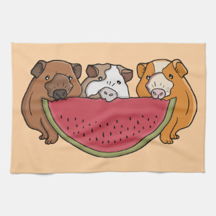 Playful Guinea Pigs and Watermelon Illustration Tea Towel