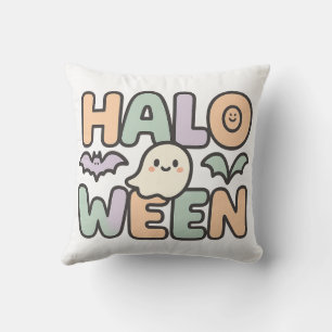 Playful Halloween Ghost and Bats Illustration Cushion