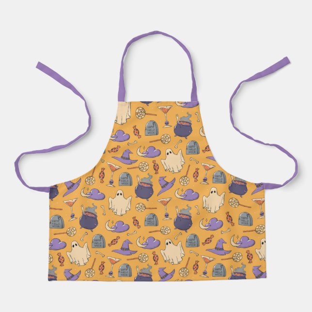Playful Halloween Ghosts and Witches Pattern Apron (Front)