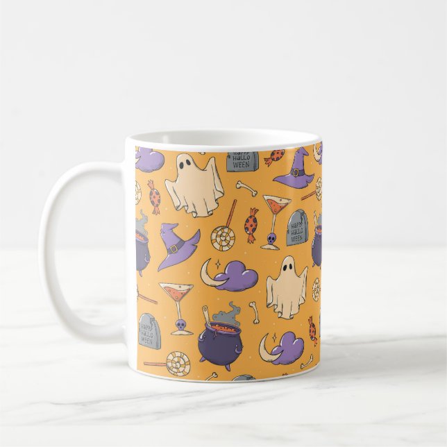 Playful Halloween Ghosts and Witches Pattern Coffee Mug (Left)