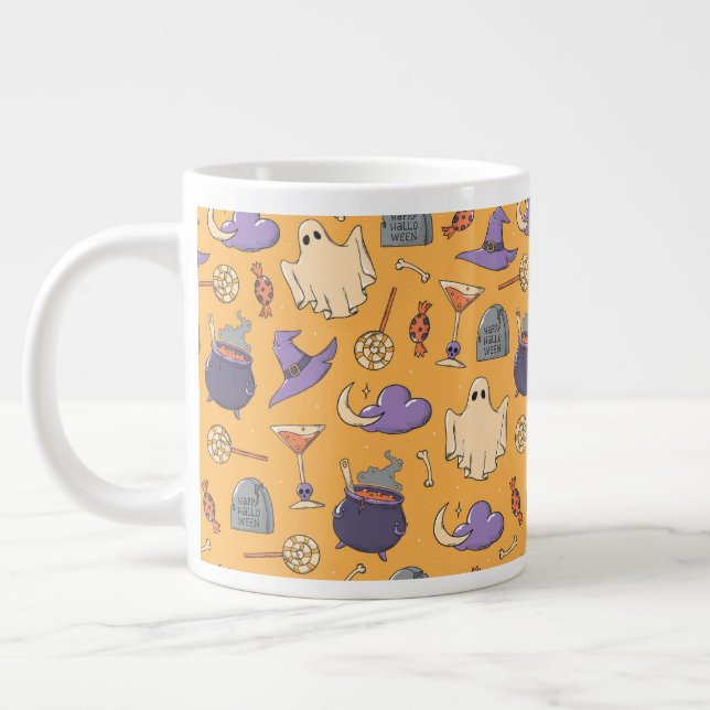 Playful Halloween Ghosts and Witches Pattern Large Coffee Mug (Left)