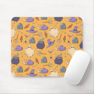 Playful Halloween Ghosts and Witches Pattern Mouse Mat