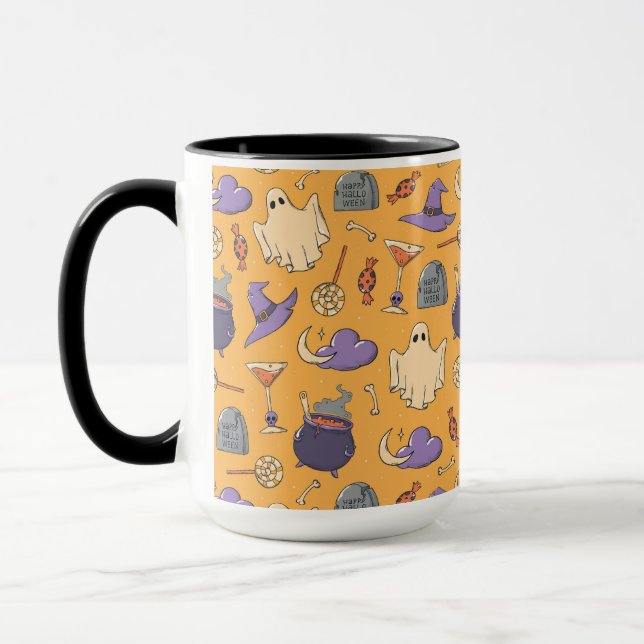 Playful Halloween Ghosts and Witches Pattern Mug (Left)