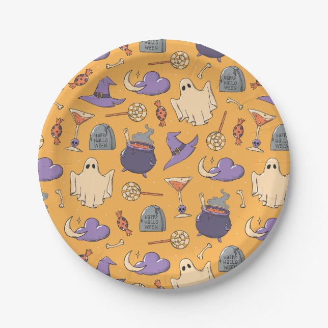 Playful Halloween Ghosts and Witches Pattern Paper Plate (Front)