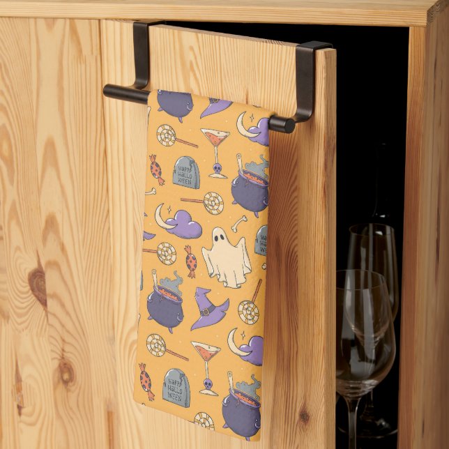 Playful Halloween Ghosts and Witches Pattern Tea Towel (Thirds Fold)