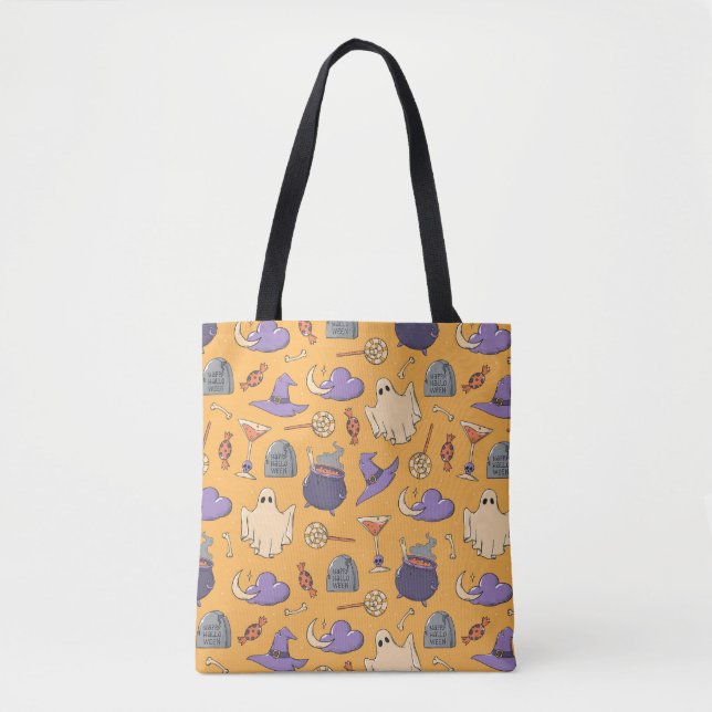Playful Halloween Ghosts and Witches Pattern Tote Bag (Front)