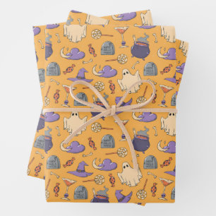 Playful Halloween Ghosts and Witches Pattern Wrapping Paper Sheet
