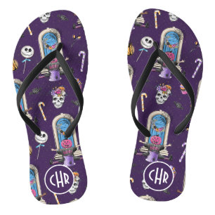 Playful Halloween Pattern in a Purple Background Flip Flops