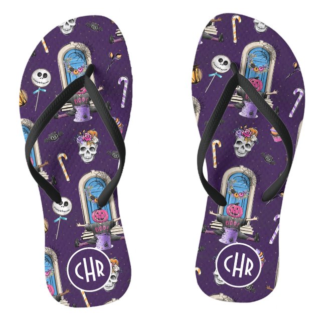 Playful Halloween Pattern in a Purple Background Flip Flops (Footbed)