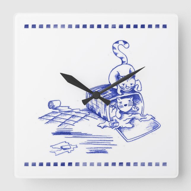 Playful Hamper Kitty Cat Bathroom Toile Look Square Wall Clock (Front)