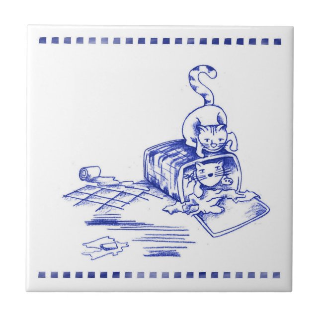 Playful Hamper Kitty Cats Bathroom Toile Look Tile (Front)