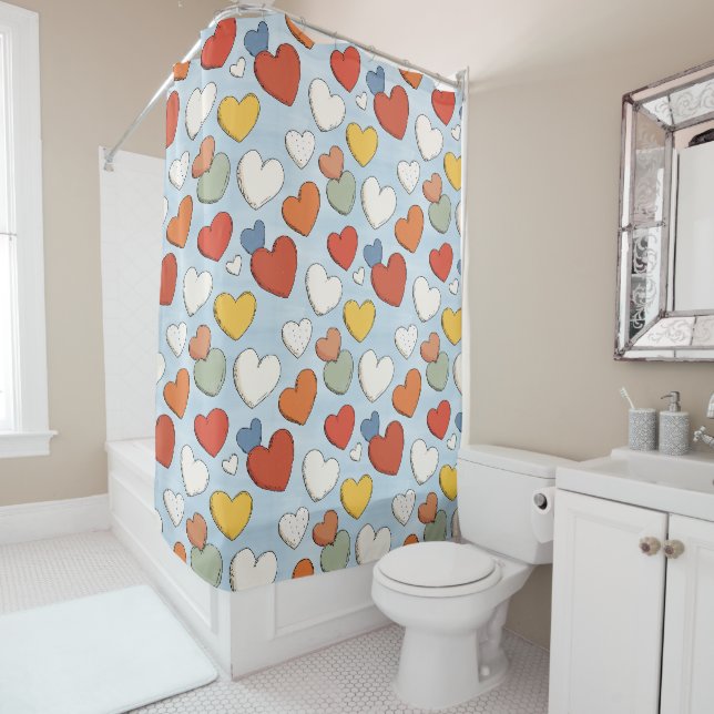 Playful Hand Drawn Heart Pattern Shower Curtain (In Situ)
