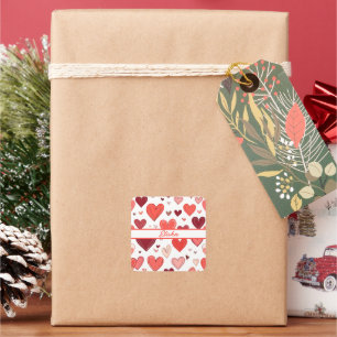Playful hand drawn red hearts pattern on white square sticker